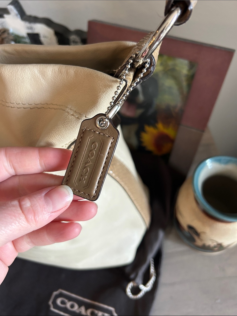 Coach Cream Leather Shoulder Hobo Bag with Tan Strap - Picture 2 of 13
